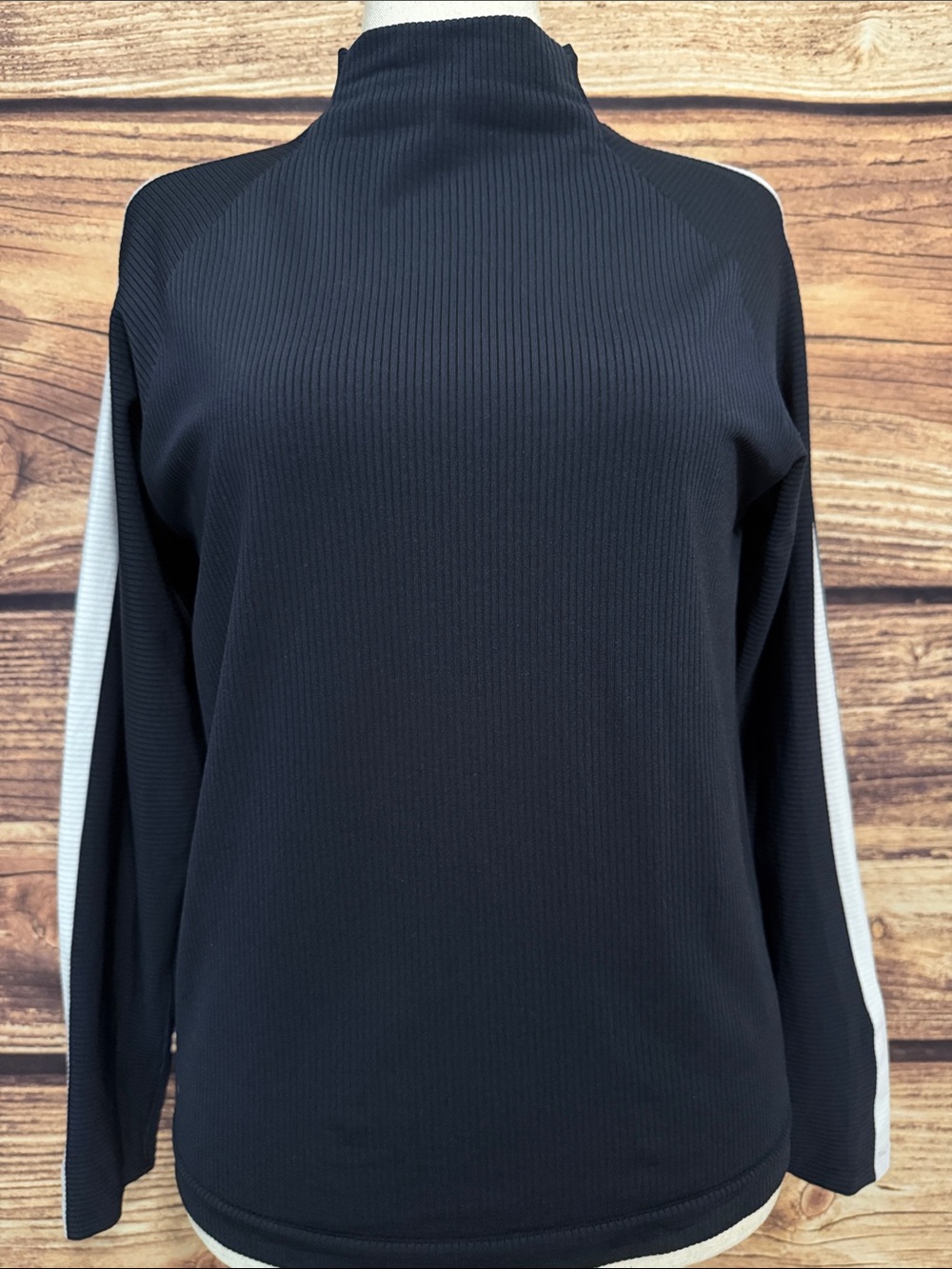 Athleta Black Ribbed Mock-Neck Long Sleeve Top with White Sleeve Stripes